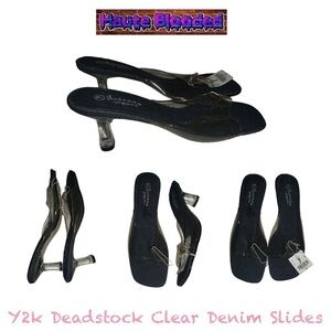 Vintage 90s y2k Deadstock Clear Lucite Plastic Denim Slides Square Toe Heels 7